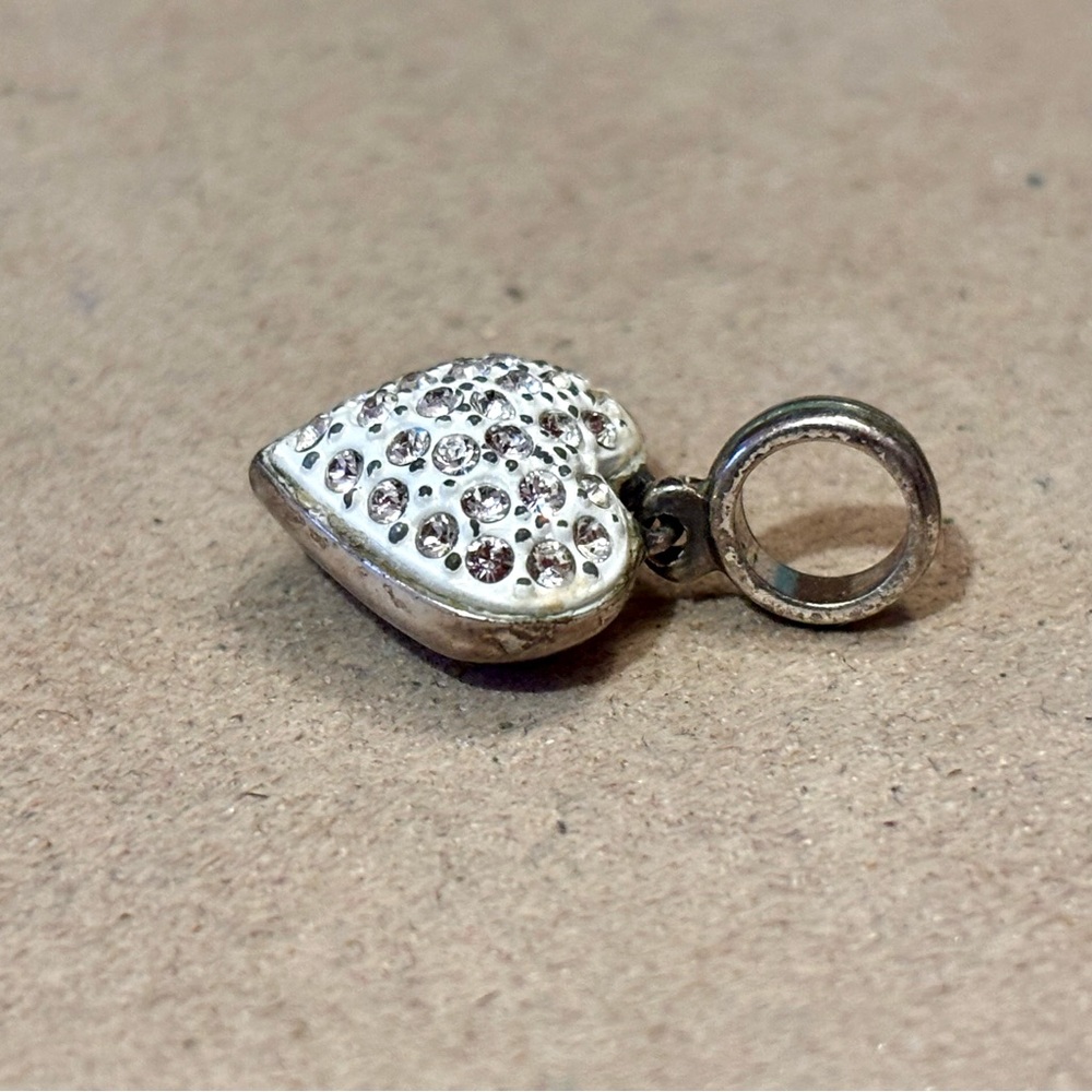 Brighton Cupid’s Kiss Heart charm Crystals on white Silver scroll back Retired - Picture 3 of 6